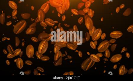 Roasted coffee beans falling down on a dark background, computer generated. 3d rendering Stock Photo