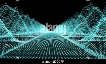 Straight way and wireframe mountains, 3d rendering. Computer generated digital landscape. Futuristic background Stock Photo