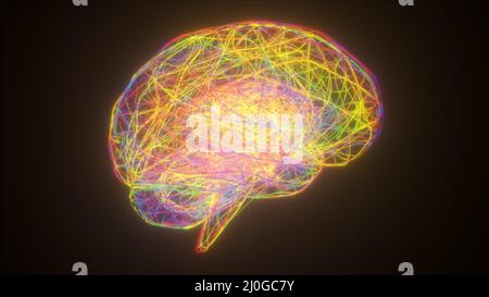 Colorful neon brain, computer generated. 3d rendering abstract background from thin lines Stock Photo