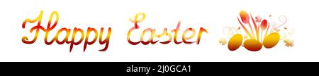 Happy Easter lettering text and flowers isolated on white background. Stock Photo