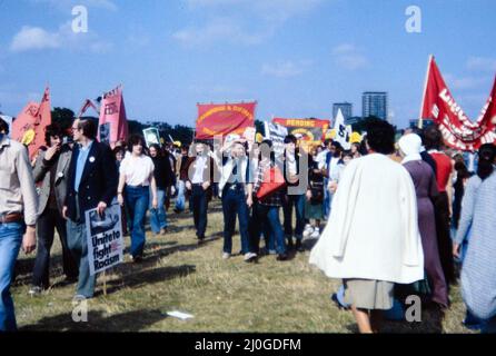 Anti-racism rally in a London park during the Summer, 1978, in response to the rising number of racist attacks in the UK. In 1978 Rock Against Racism (RAR) and the Anti-Nazi League (ANL) organised events and carnivals, partly responding to  increasing support for the far-right National Front at the ballot box. Stock Photo