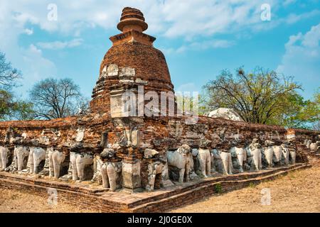 Elephant sculptures at ruins of buddhist temple in Ayutthaya, Thailand Stock Photo