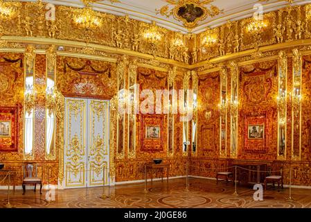 Saint-Petersburg, Russia - March 25 2021: Interior Amber Room, Catherine palace. The former imperial palace. Building is laid in Stock Photo