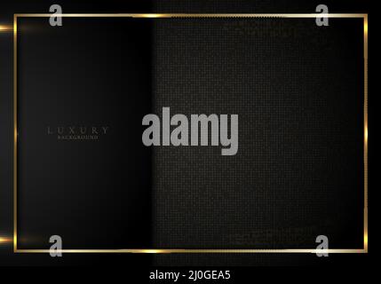 Abstract elegant 3D black stripes and golden frame on squares pattern background with lighting effect. Luxury style. Vector graphic illustration Stock Vector
