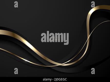 Abstract elegant gold and black curved wave lines with shiny sparkling light on dark background luxury style. Vector illustration Stock Vector