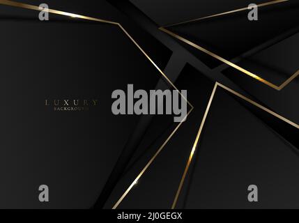 Abstract black triangles with shiny golden lines geometric on dark background. Luxury style. Vector illustration Stock Vector