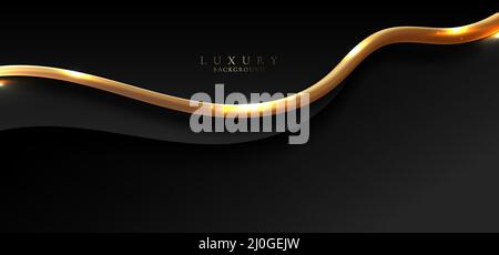 Abstract elegant black wave curved shape background with 3D golden line. Luxury style. Vector graphic illustration Stock Vector