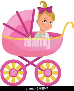 Baby girl in a pink stroller on a white background - Vector illustration Stock Vector