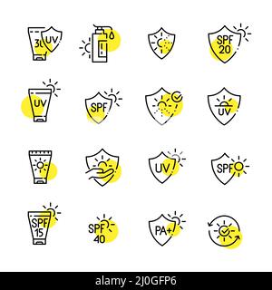 UV and PA protection icons. Sunscreen SPF lotions to prevent ageing and skin cancer. Pixel perfect, editable stroke Stock Vector