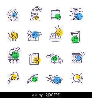 Sustainable energy generation and usage. Recycling and alternative power sources. Pixel perfect, editable stroke fun color icons set Stock Vector