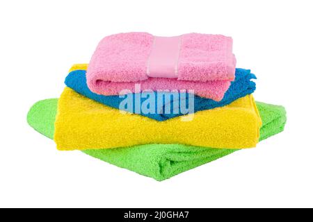 Towel isolated on white background. Stack of colorful towels Stock Photo