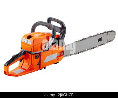 Chainsaw isolated on white background, including clipping path. Modern gasoline saw tool Stock Photo