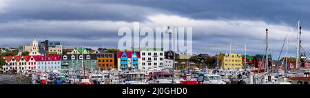 Panoramic view of the  of capital Torshavn on Vagar island, Faroe Islands, Denmark North Europe. Stock Photo