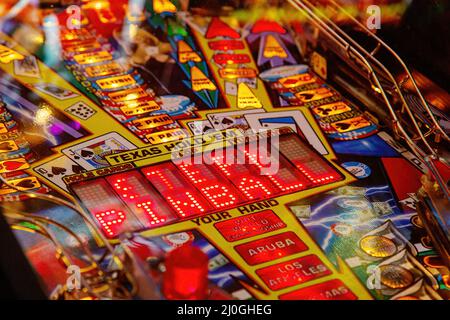 Moscow, Russia - April 29, 2021: Pinball museum. Pinball table close up view of vintage game machine Stock Photo