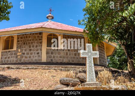 Religious christian cross behind monastery on Lake Tana, Ethiopia Africa Stock Photo