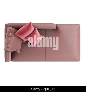 Brown leather corner sofa with red pillows on an isolated background. Top view. 3d rendering Stock Photo