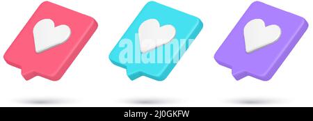 Multicolored realistic 3d icon heart online dating quick tips notification set vector illustration. Collection like love romantic virtual service symb Stock Vector