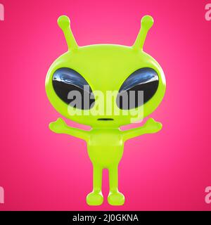 Toy green alien with big eyes on a pink background. The sky is reflected in the eyes. Front view. 3d rendering Stock Photo
