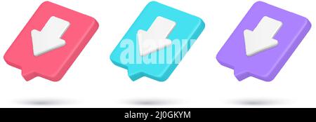 Realistic quick tips downward arrow download direction pointer 3d icon collection vector illustration. Set down navigation point interface cursor onli Stock Vector