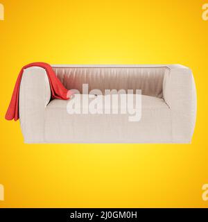 Light beige fabric soft sofa with a cover on the armrest on a yellow background. 3d rendering. Front view Stock Photo