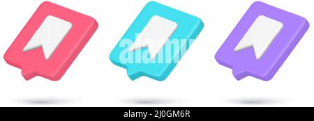 Realistic 3d icon bookmark flag for remember place text information quick tips collection vector illustration. Set mark cyberspace reading media corne Stock Vector