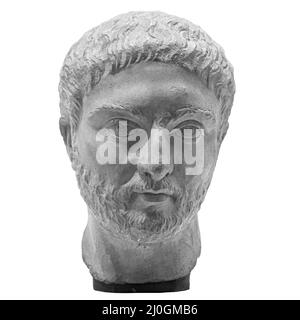 Gypsum copy of ancient statue man with beard head isolated on white background. Plaster sculpture man face Stock Photo