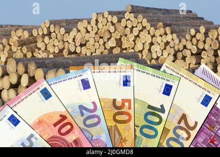 Wood price - Euro bills with a pile of wood in the background Stock Photo