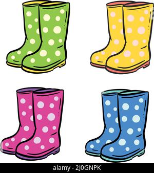 Garden Wellington Boots Cartoon Illustration Wellies in Yellow Pink Blue and Green with Spots Stock Vector