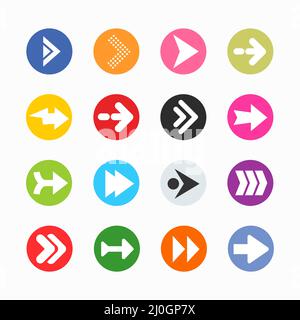 Arrow sign icon set. Simple circle shape internet button on gray background. Stock Vector