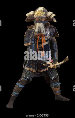 Japanese Samurai in armor standing isolated on white background. Traditional japan warrior armour Stock Photo