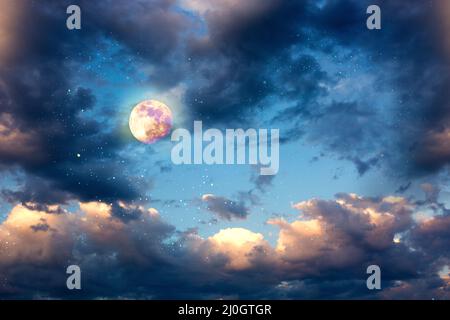 Full moon with stars at dark night sky . Stock Photo