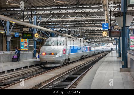Brussels, Belgium - May 8, 2017: High speed train at Brussels South railway station (Bruxelles Midi) the largest station in Brussels city Stock Photo