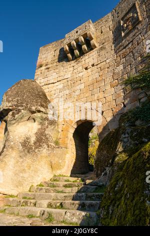 Sortelha stone castle entrance gate with staircase, in Portugal Stock Photo