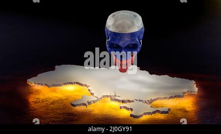 3d rendering of smiling skull painted in russin flag colors looking on map of Ukraine in fire. Concept of war, invasion, military conflict, bomb Stock Photo