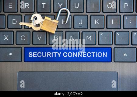 Security connection text on blue laptop space bar with locker background. Online security concept Stock Photo