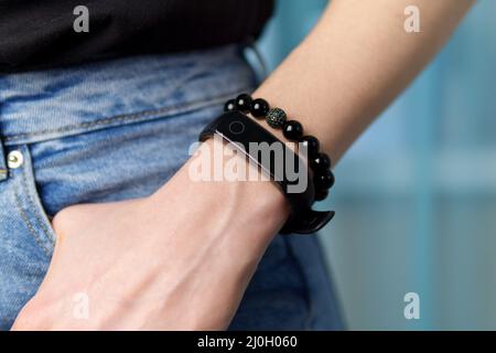 Stone bead bracelets handmade from lucky stones. Selective focus Stock Photo