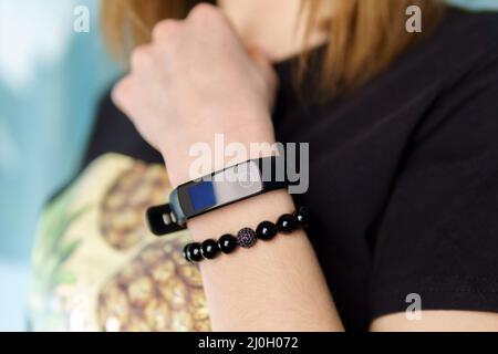 Stone bead bracelets handmade from lucky stones. Selective focus Stock Photo