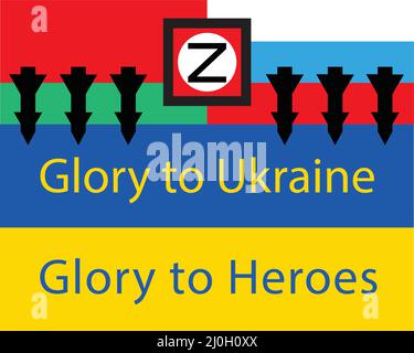 Aggression of Russia and Belarus against Ukraine inscription on the yellow-blue flag glory to Ukraine glory to the Heroes. Illustration. Stock Vector