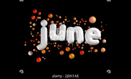 A white plump word June surrounded by orange spheres isolated on a black background 3d illustration Stock Photo