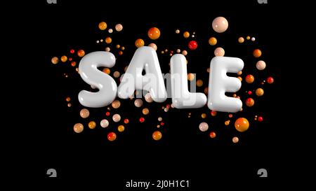 Sale bright white glossy letters isolated on black background with spheres around. 3d illustration Stock Photo