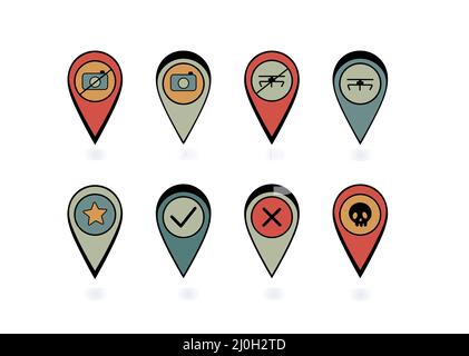 Markers for marking route points on the map. Geolocation pins. Prohibitory and permissive signs. Camera, drone, skull, ban, permission. Stock Vector