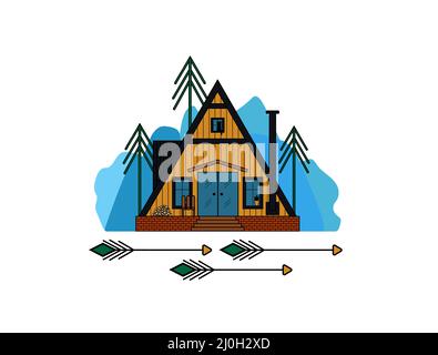 Wooden cozy a-frame house with a cat. Modern teeny house with a fireplace on the background of mountains Stock Vector