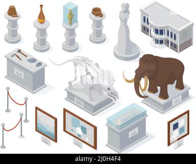 Isometric museum exhibits, ancient statue, art exhibition and archeology exposure. Dinosaur bones and mammoth vector illustration. Art objects and Stock Vector