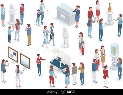 Isometric museum tour, exhibition visitors and curator characters. Guides show tourists ancient artifacts vector illustration set. Art objects and Stock Vector