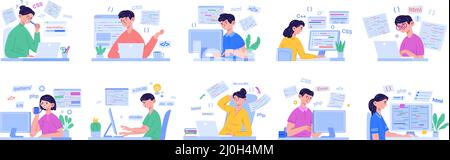 Programmers, software developers, code engineer characters. Human characters working on laptop vector illustration set. People using programming Stock Vector