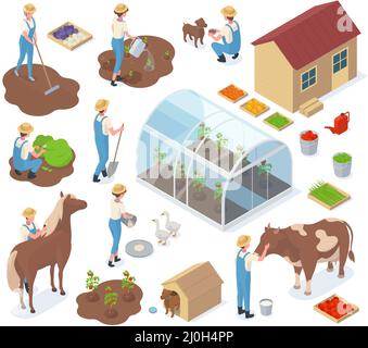 Isometric garden, farm characters, 3d greenhouse, agriculture elements. Gardeners, farm workers and farm animals vector illustration set. Farm Stock Vector