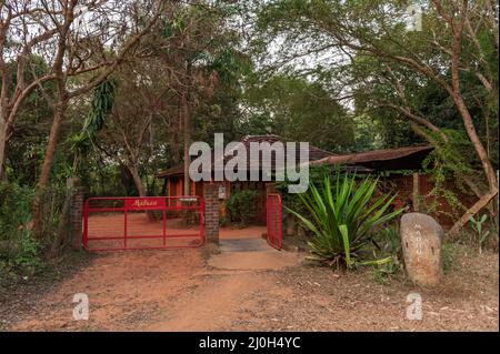 Auroville, India - 14 March 2022: Madhuca Community. Entrance gate. Stock Photo