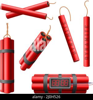 Realistic burning dynamite bomb sticks, 3d explosive red bomb with explosion timer. Dynamite military weapon, explosive red sticks vector illustration Stock Vector