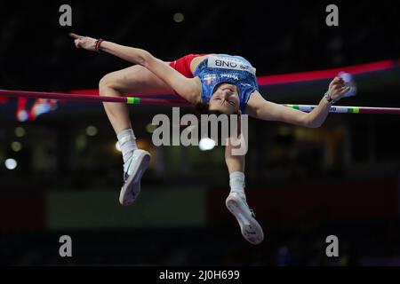 Belgrade, Serbia. 19th Mar, 2022. Angelina Topic of Serbia competes during the women's high jump final at the World Athletics Indoor Championships Belgrade 2022 in Stark Arena, Belgrade, Serbia, March 19, 2022. Credit: Zheng Huansong/Xinhua/Alamy Live News Stock Photo