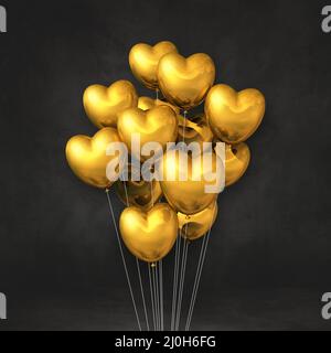 Gold heart shape balloons bunch on a grey wall background. Horizontal ...